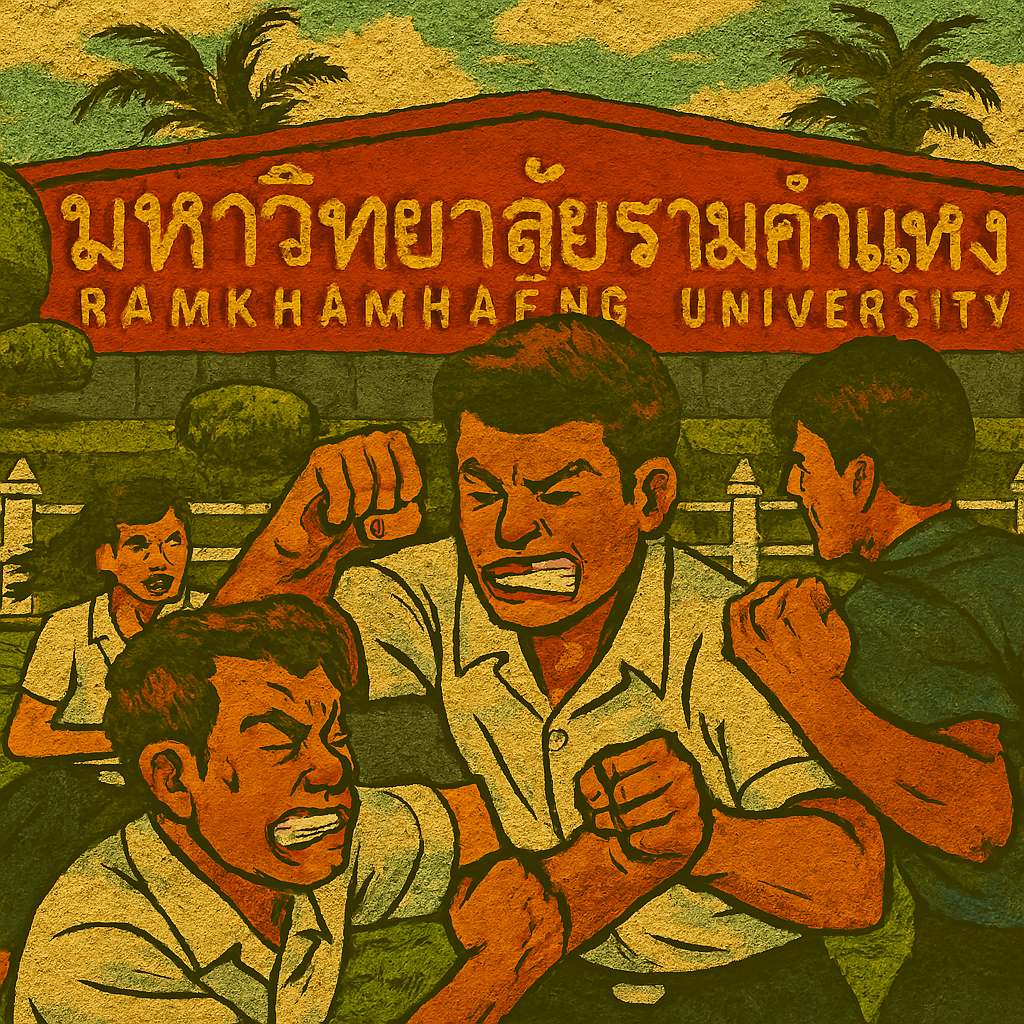 ラムカムヘン大学の看板前で激しく乱闘する制服姿の男子学生たちと、逃げ惑う女子学生のイラスト。上部に「バンコク ランカムヘン 大学内で乱闘事件6名が負傷」のテキスト、右上にタイの国旗。