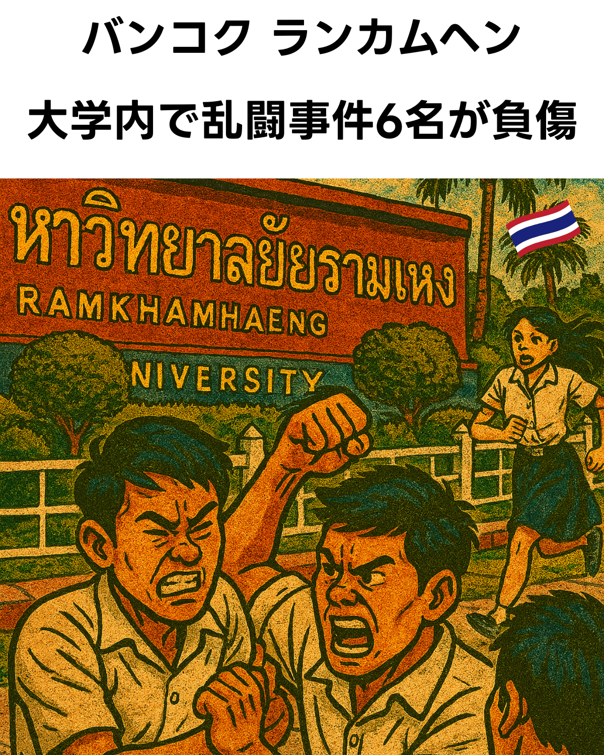 ラムカムヘン大学の看板前で激しく乱闘する制服姿の男子学生たちと、逃げ惑う女子学生のイラスト。上部に「バンコク ランカムヘン 大学内で乱闘事件6名が負傷」のテキスト、右上にタイの国旗。
