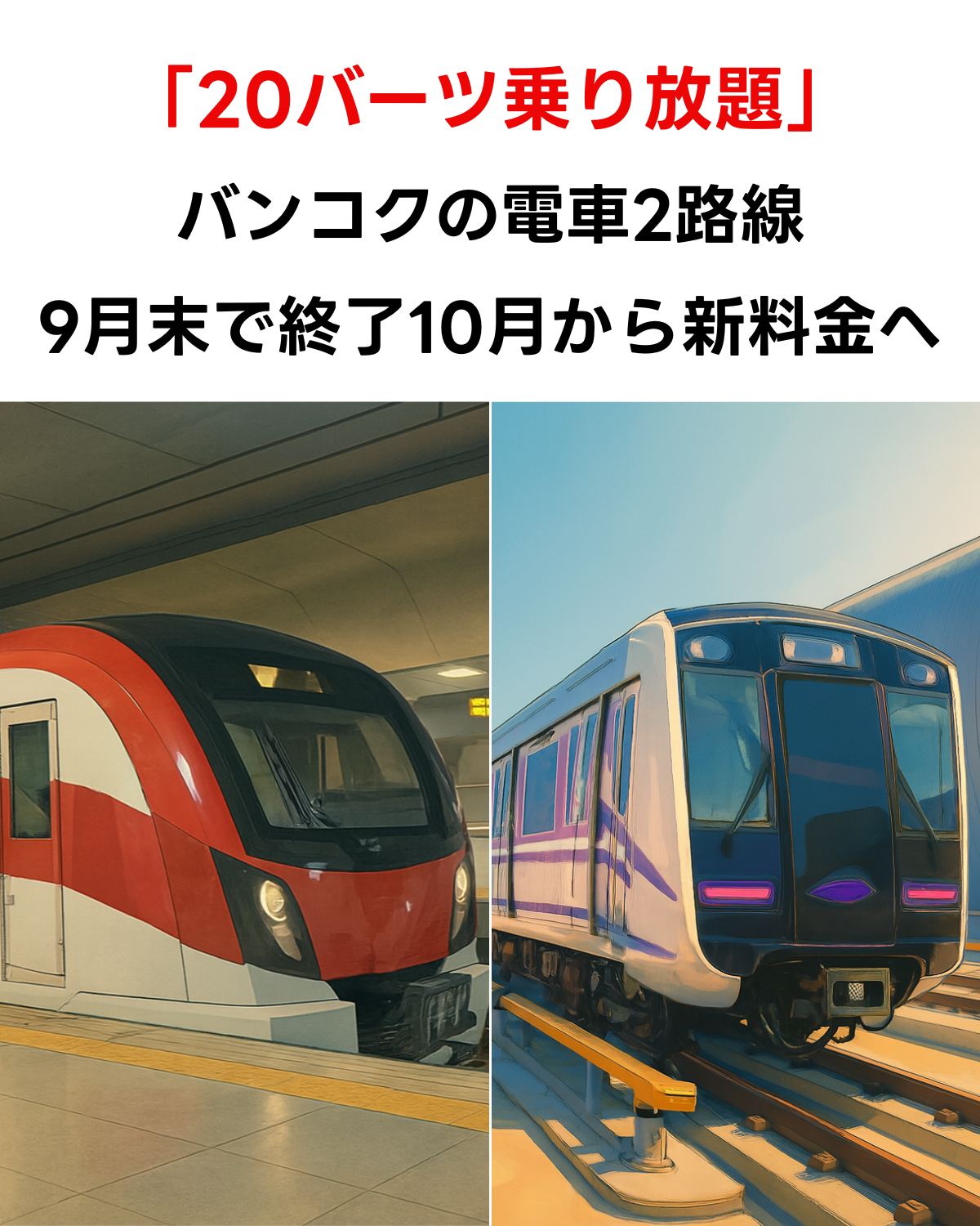 バンコクの電車20バーツ乗り放題政策の終了を伝える画像。左にSRTレッドライン、右にMRTパープルラインの車両イラストが並んでいる。