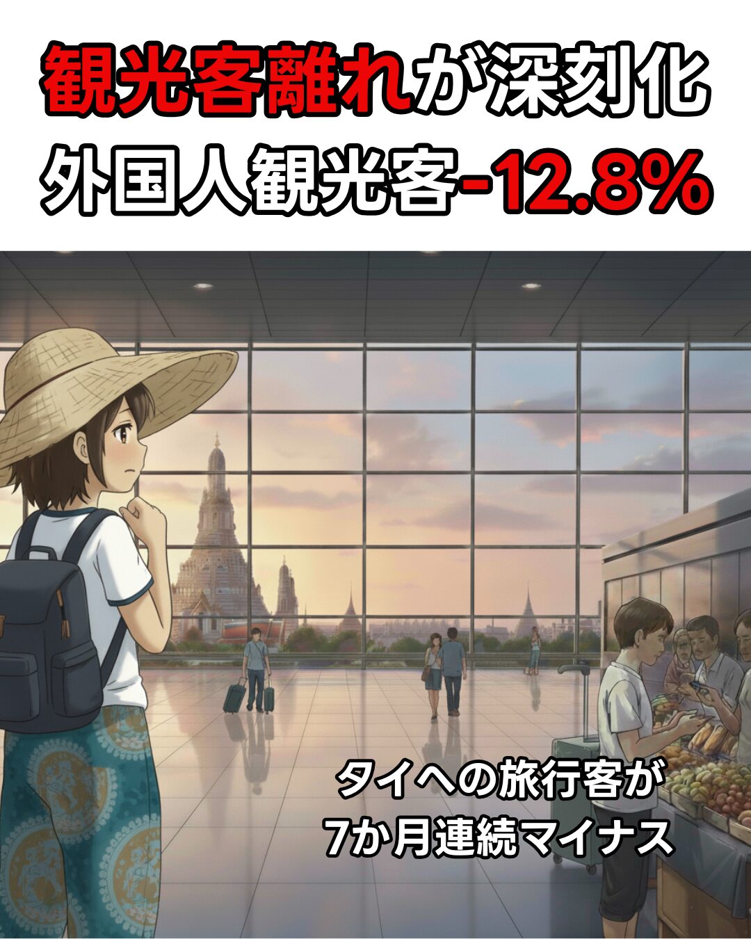観光客離れが深刻化 外国人観光客-12.8% タイへの旅行客が7ヶ月連続マイナス」の文字が入った縦型サムネイル。タイの空港にいる日本人女性旅行者が不安げに外を眺めているアニメ調のイラスト。