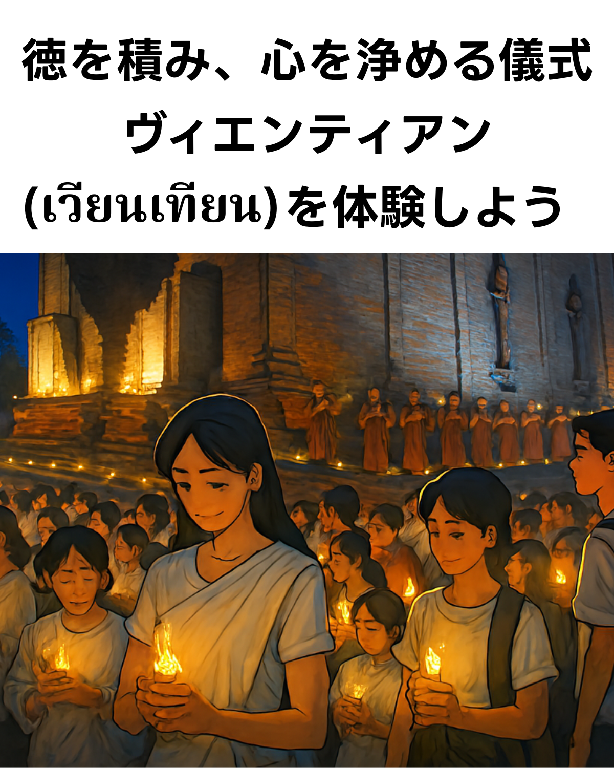 タイの仏教儀式ヴィエンティアンを体験する人々のイラスト。「徳を積み、心を浄める儀式 ヴィエンティアンを体験しよう」という見出しが記載されている。