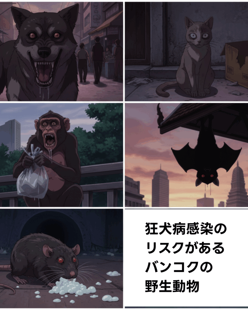 狂犬病感染のリスクがあるバンコクの野生動物のコラージュ画像。上段左から凶暴な表情の犬、右に座る猫。中段左からビニール袋を持つサル、右にぶら下がるコウモリ。下段左から泡を吹くネズミと、右に「狂犬病感染のリスクがあるバンコクの野生動物」というテキスト。