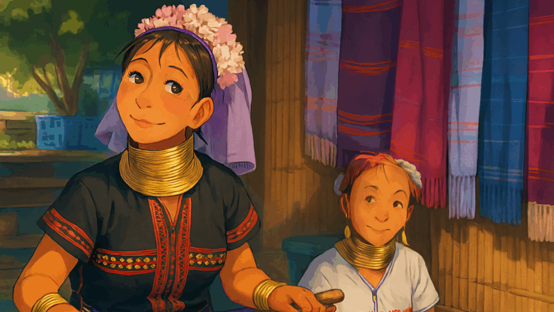 首に真鍮のリングを巻いたカレン族（カヤン族）の女性と子供。伝統衣装を身につけ、織物が飾られた家の中にいる。