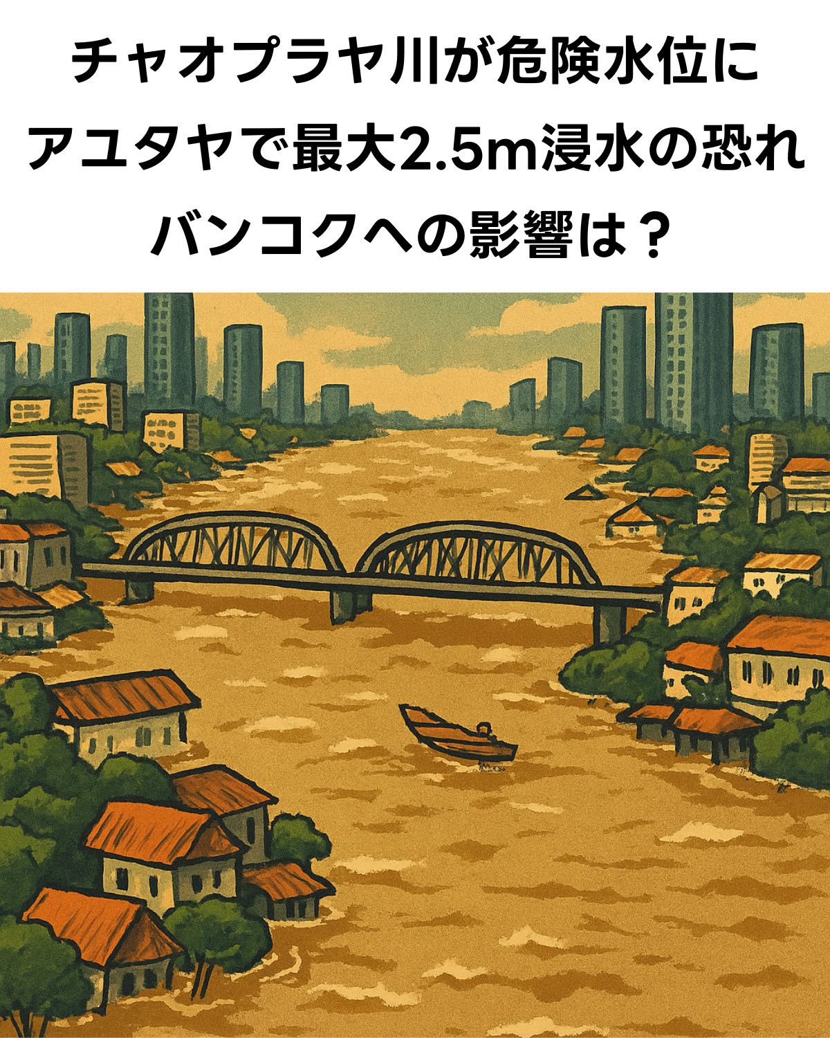 洪水で増水したチャオプラヤ川のイラスト。川沿いの家が浸水し、「チャオプラヤ川が危険水位に」という記事のタイトルが重ねられている。