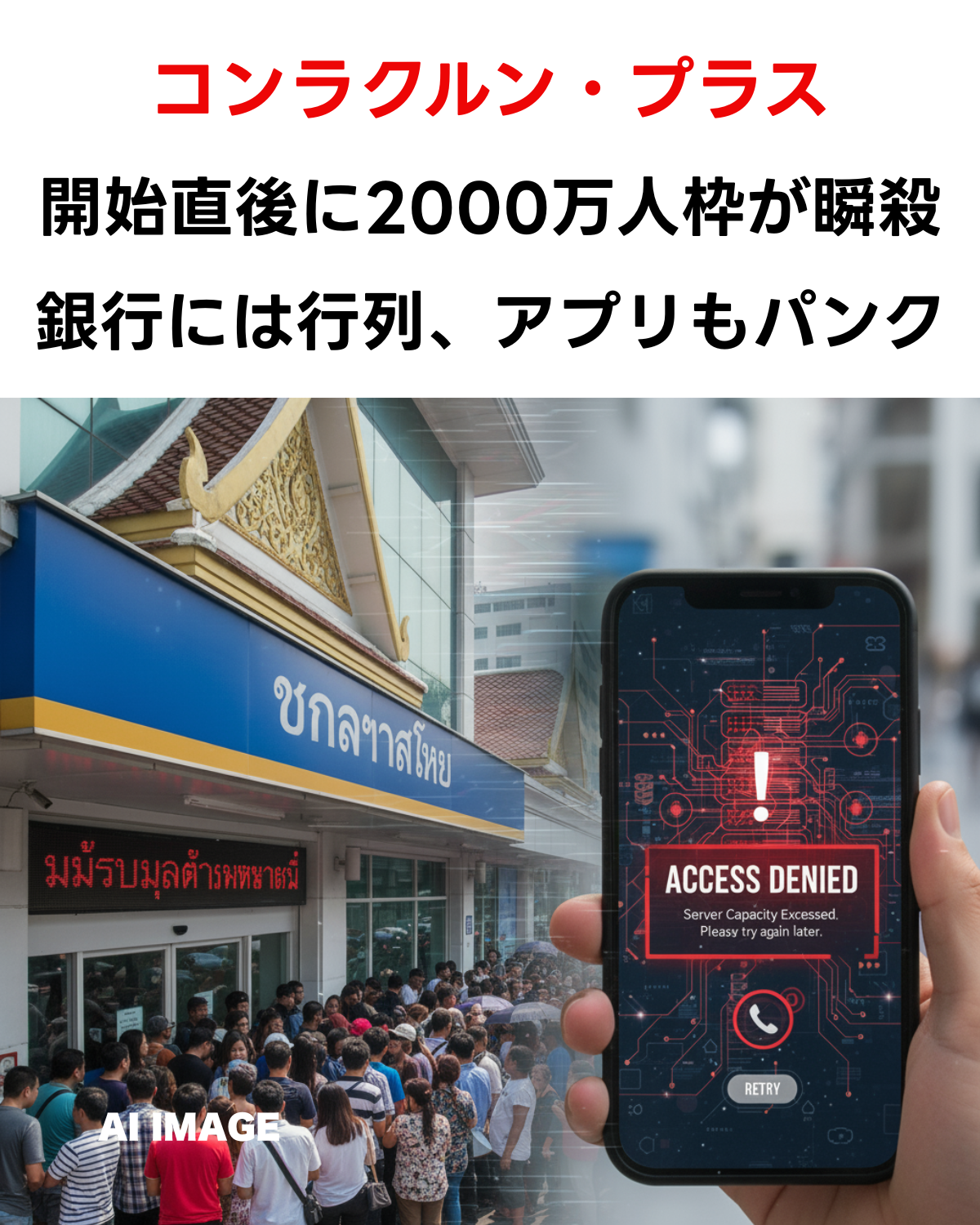 タイの「コンラクルン プラス」登録初日の混乱を示すアイキャッチ画像。「開始10時間で2000万枠が瞬殺！サーバーダウンも発生」というテキスト。背景はアクセス集中やサーバーダウンをイメージしたAI生成イラスト。(AI IMAGE)