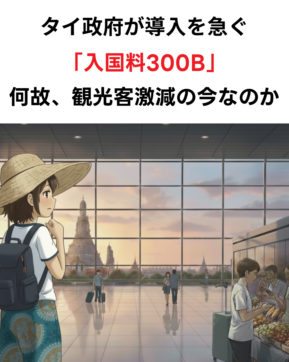 「タイ政府が導入を急ぐ入国料300B」というテキストと、タイの空港でワット・アルンを眺めながら物思いにふける観光客のイラスト。