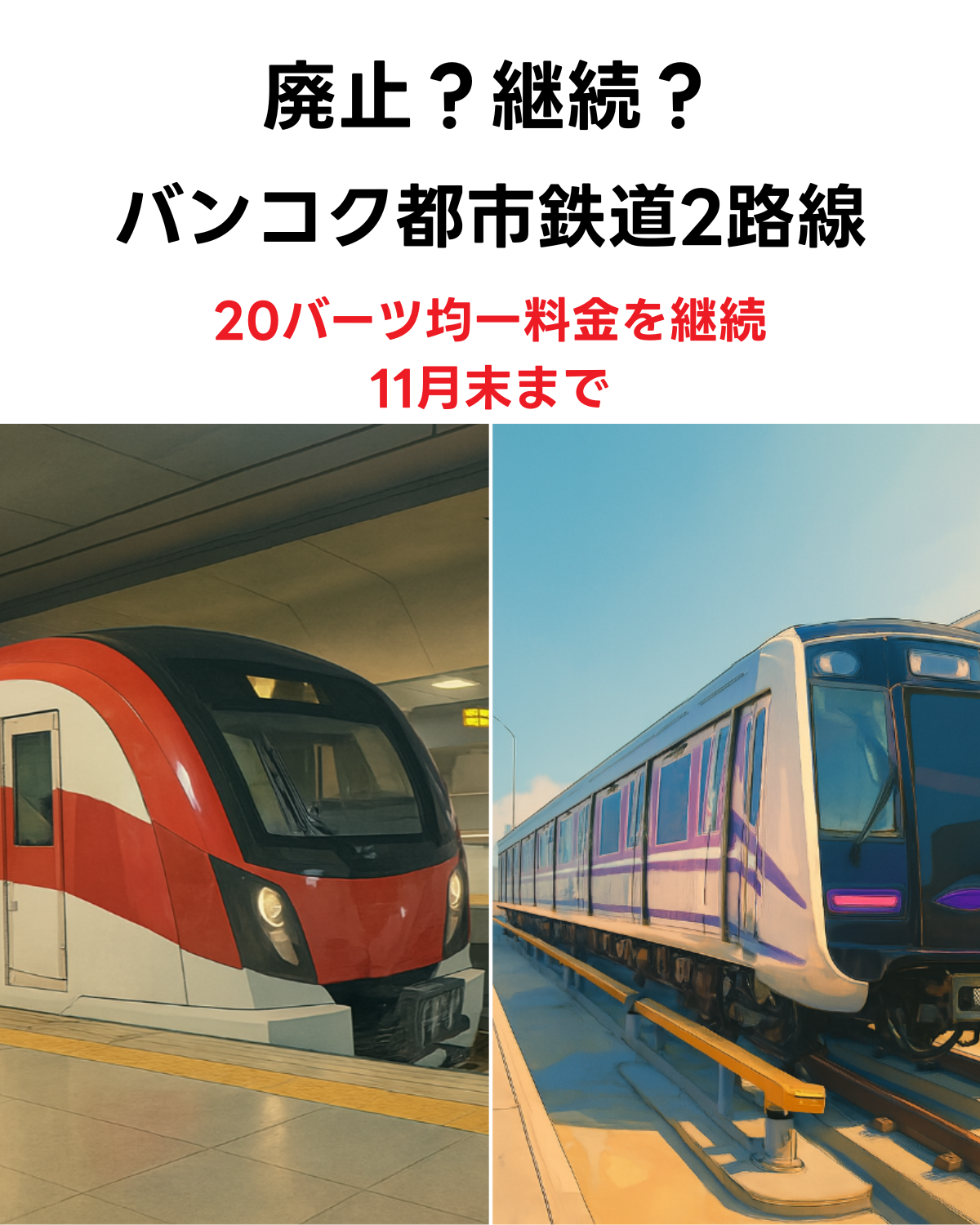 バンコクの都市鉄道、SRTレッドライン（赤と白の電車）とMRTパープルライン（紫と白の電車）が並んで描かれたイラスト。上部には「廃止？継続？バンコク都市鉄道2路線 20バーツ均一料金を継続 11月末まで」というテキストが重ねられている。