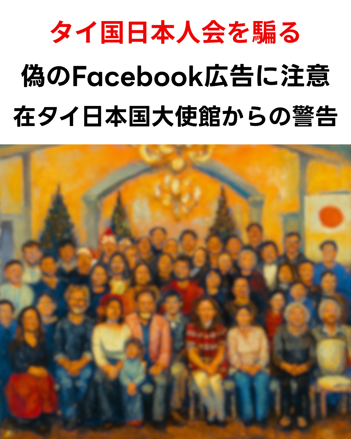 「タイ国日本人会を騙る」「偽のFacebook広告に注意」「在タイ日本国大使館からの警告」という警告文と、ぼかされた日本人の集合写真のイメージ画像。