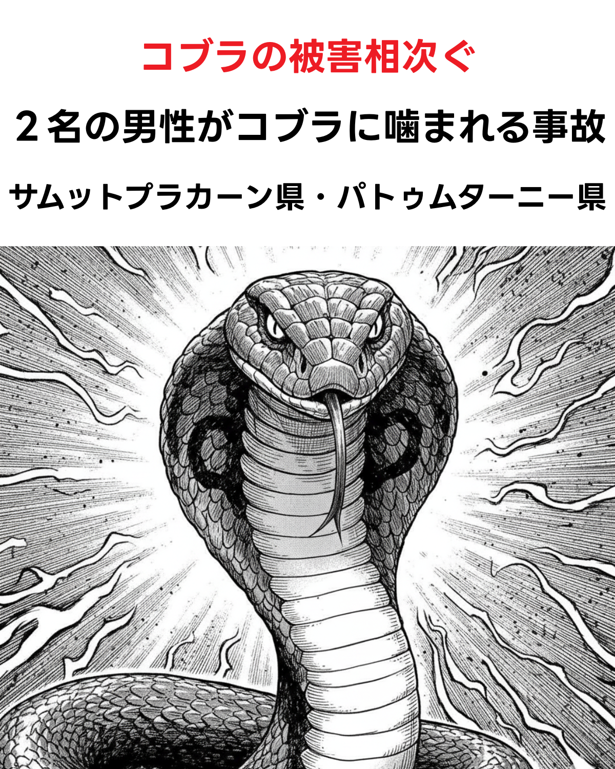 タイのコブラ咬傷死亡事故に関する記事アイキャッチ画像。「タイでコブラに咬まれ同日2人死亡 バンコク近郊サムットプラカーンとパトゥムターニで」というテキスト。背景は警告標識とコブラのAI生成イラスト。(AI IMAGE)