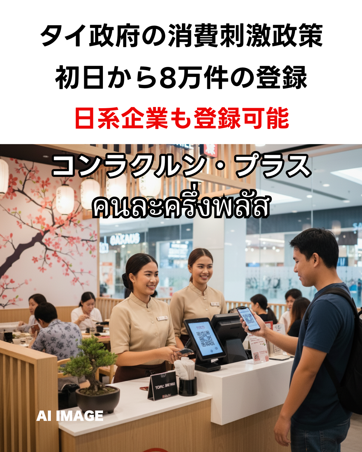 タイの消費刺激策「コンラクルン・プラス」のアイキャッチ画像。日本食レストランでQRコード決済をする客と店員のイラスト。「タイ政府の消費刺激政策 初日から8万件の登録 日系企業も登録可能」という文字入り。(AI IMAGE)