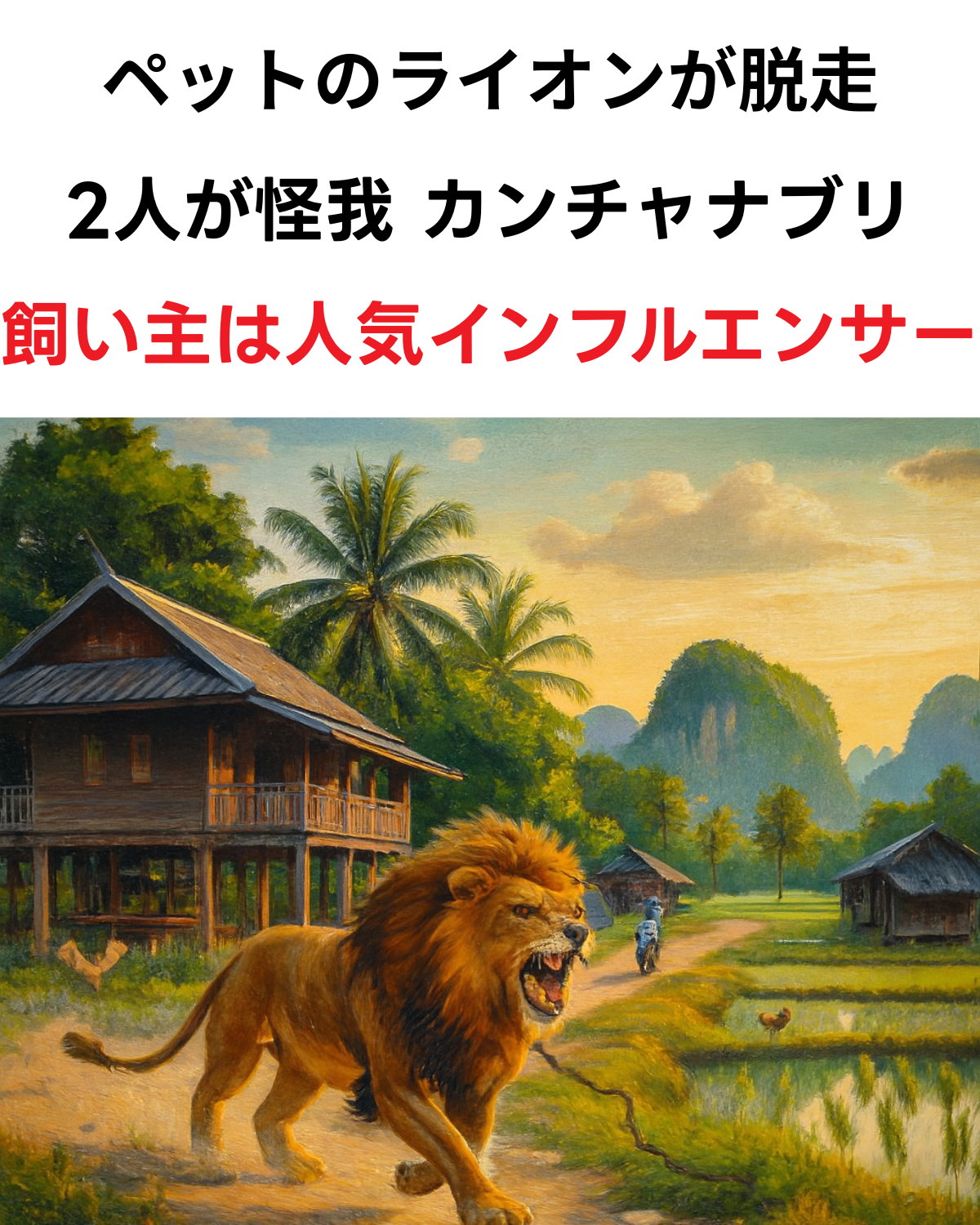 タイの田舎の風景の中を鎖をつけたライオンが咆哮しながら走っているイラスト。「ペットのライオンが脱走 2人が怪我 カンチャナブリ 飼い主は人気インフルエンサー」というテキストが記載されている。