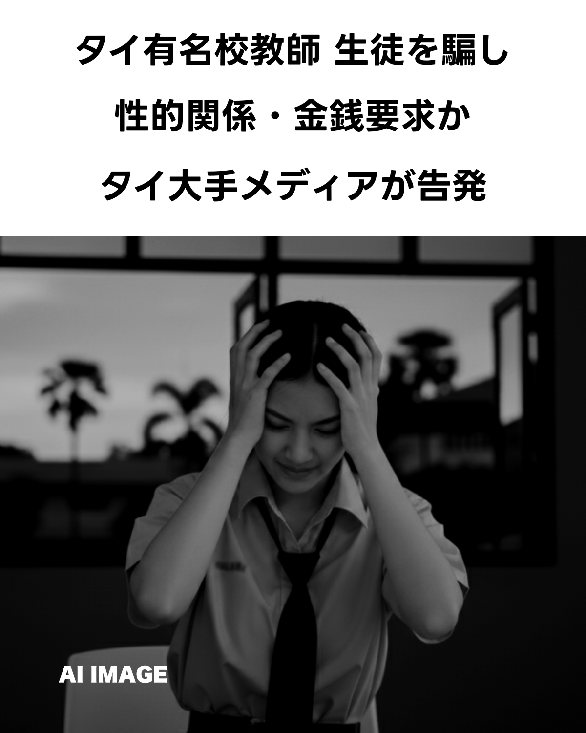 タイ有名校教師の性的不適切行為疑惑に関する記事アイキャッチ。「タイ有名校教師、生徒を騙し性的関係・金銭要求か タイ大手メディアが告発」というテキスト。(AI IMAGE)