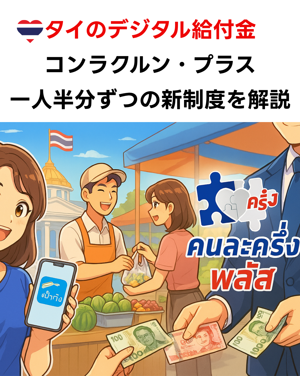 AI生成のイラスト。「タイのデジタル給付金 コンラクルン・プラス」というタイトル文字と、タイの市場でPao Tangアプリや現金を使って買い物をする人々の賑やかな様子。