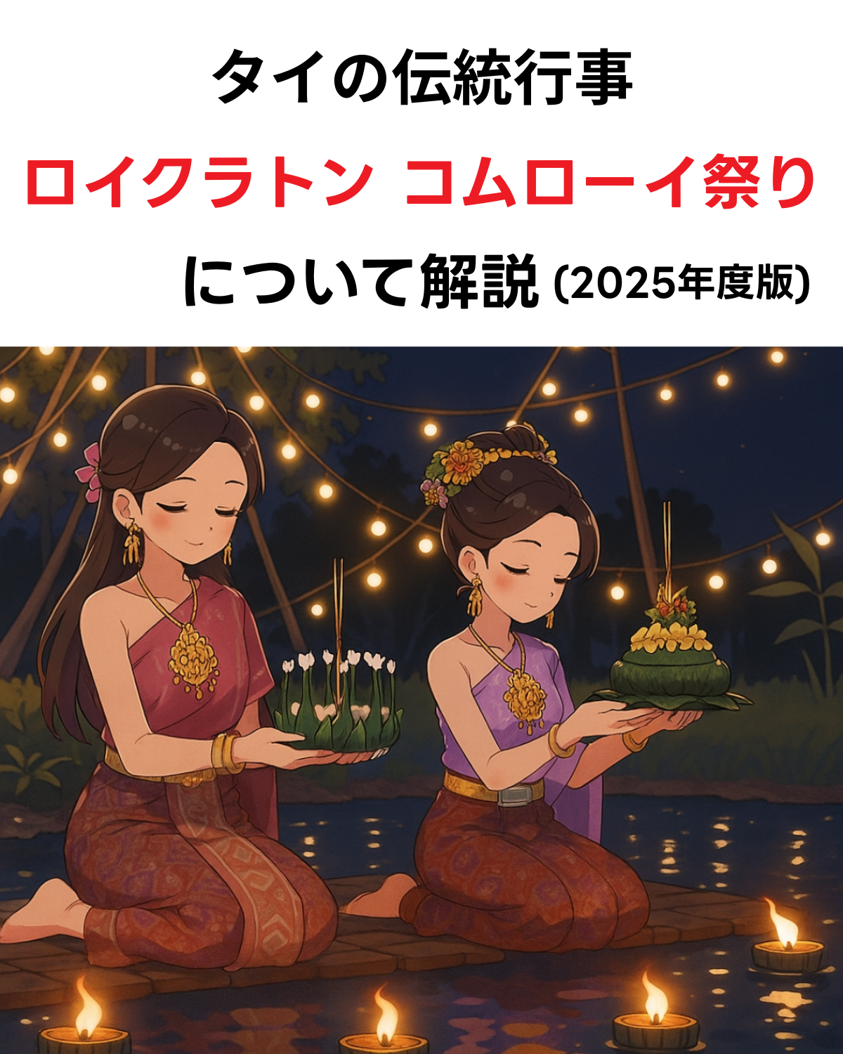 AI生成のアニメスタイルのイラスト。タイの伝統衣装を身につけた二人の女性が、ロウソクが灯る水辺で、バナナの葉で作られた灯籠（クラトン）を手に持ち、静かに祈りを捧げている。画像上部には「タイの伝統行事 ロイクラトン コムローイ祭り について解説（2025年度版）」という赤と黒の文字が記載されている。