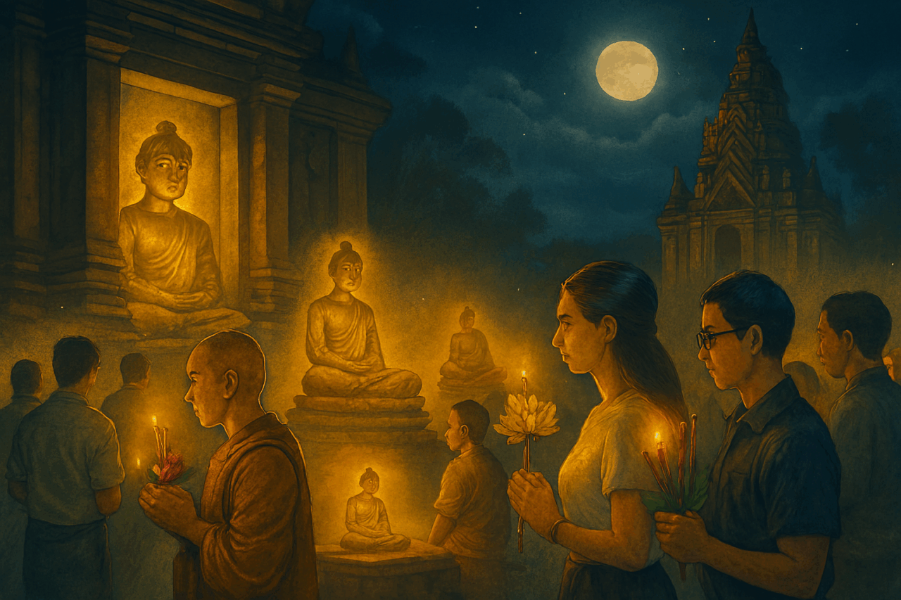 タイの仏教儀式ヴィエンティアンの様子を描いたイラスト。