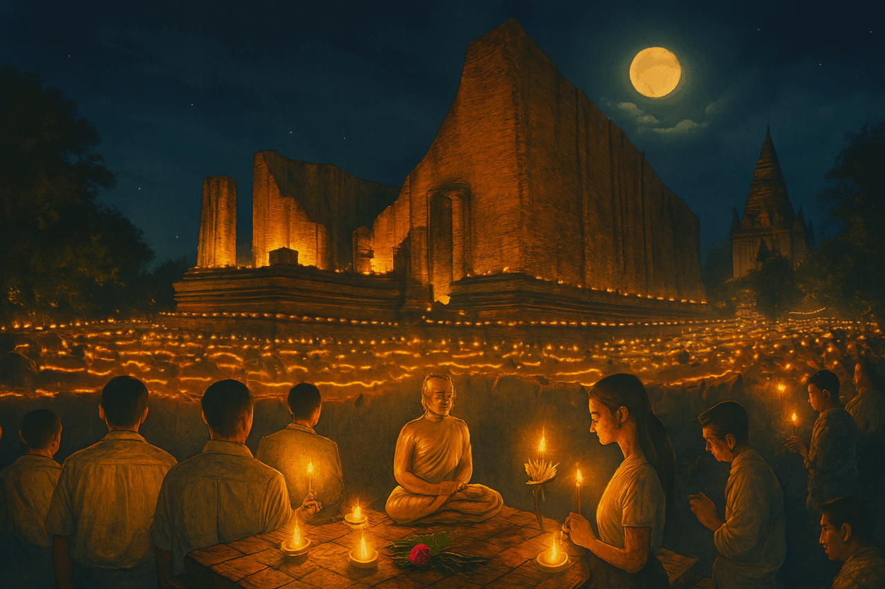 タイの仏教儀式ヴィエンティアンの様子を描いたイラスト。