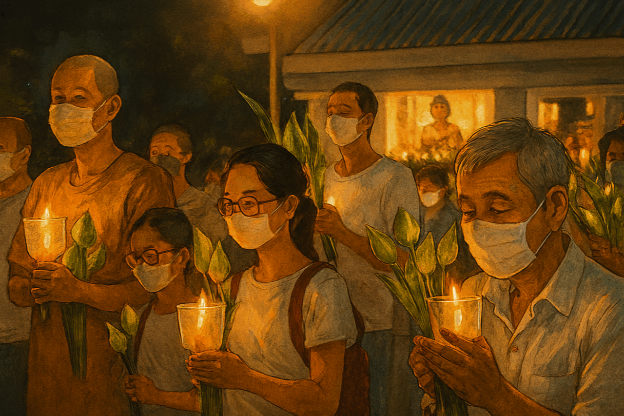 タイの仏教儀式ヴィエンティアンの様子を描いたイラスト。