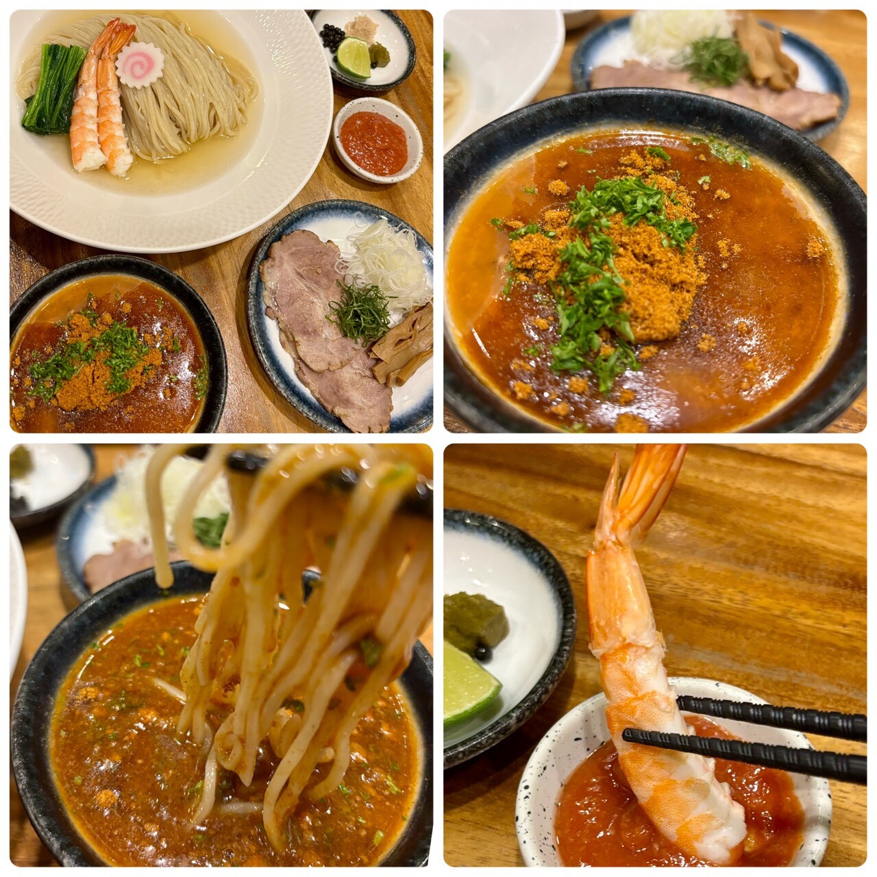 淡麗海老つけそばの盛り付けとつけダレ、海老・チャーシュー・薬味の豪華構成