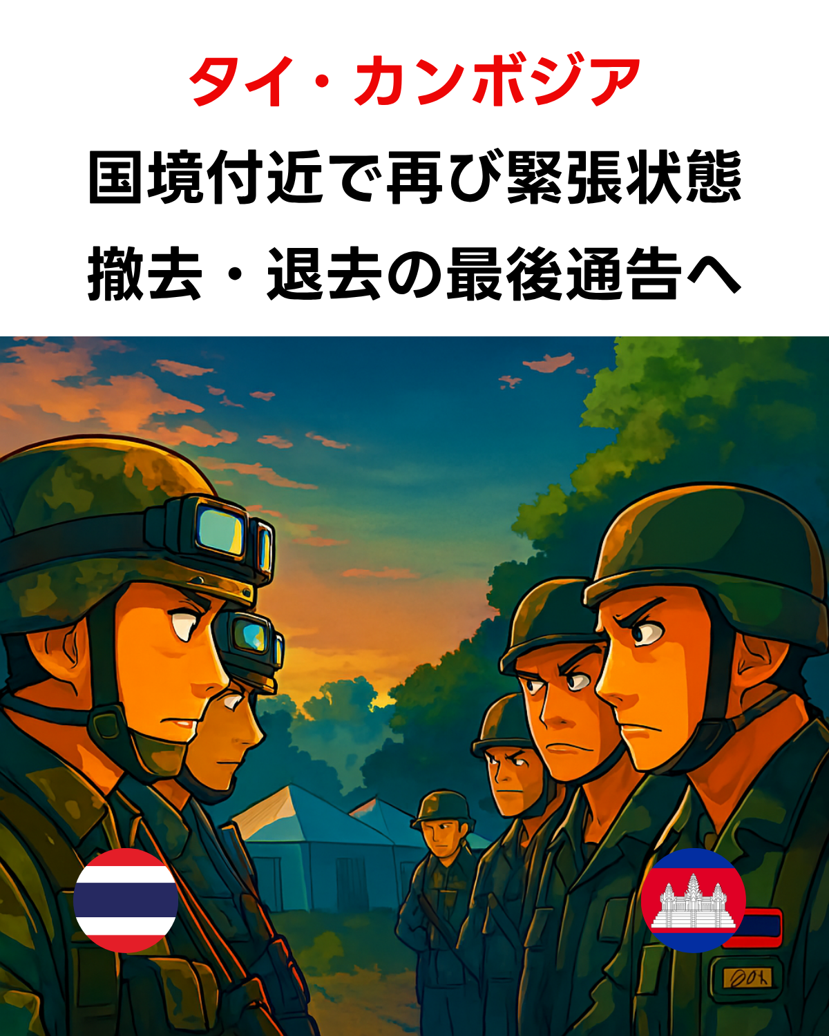 タイ国旗とカンボジア国旗のエンブレムを付けた兵士が国境付近でにらみ合うイラスト。背後には撤去対象のテントが見える。AIでイメージを再現したアニメ調サムネイルです。