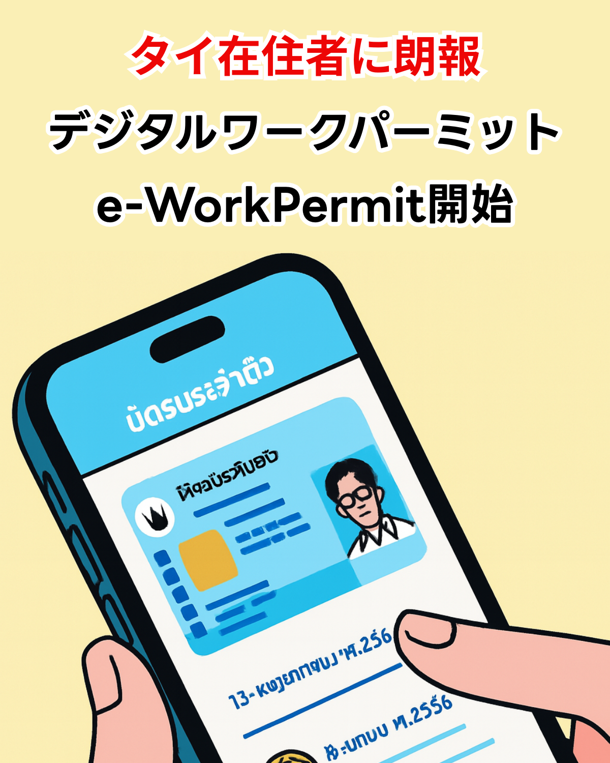 スマートフォンにタイのデジタル労働許可証（e-WorkPermit）が表示され、その上部に「タイ在住者に朗報 デジタルワークパーミット e-WorkPermit開始」というテキストが記載された画像。