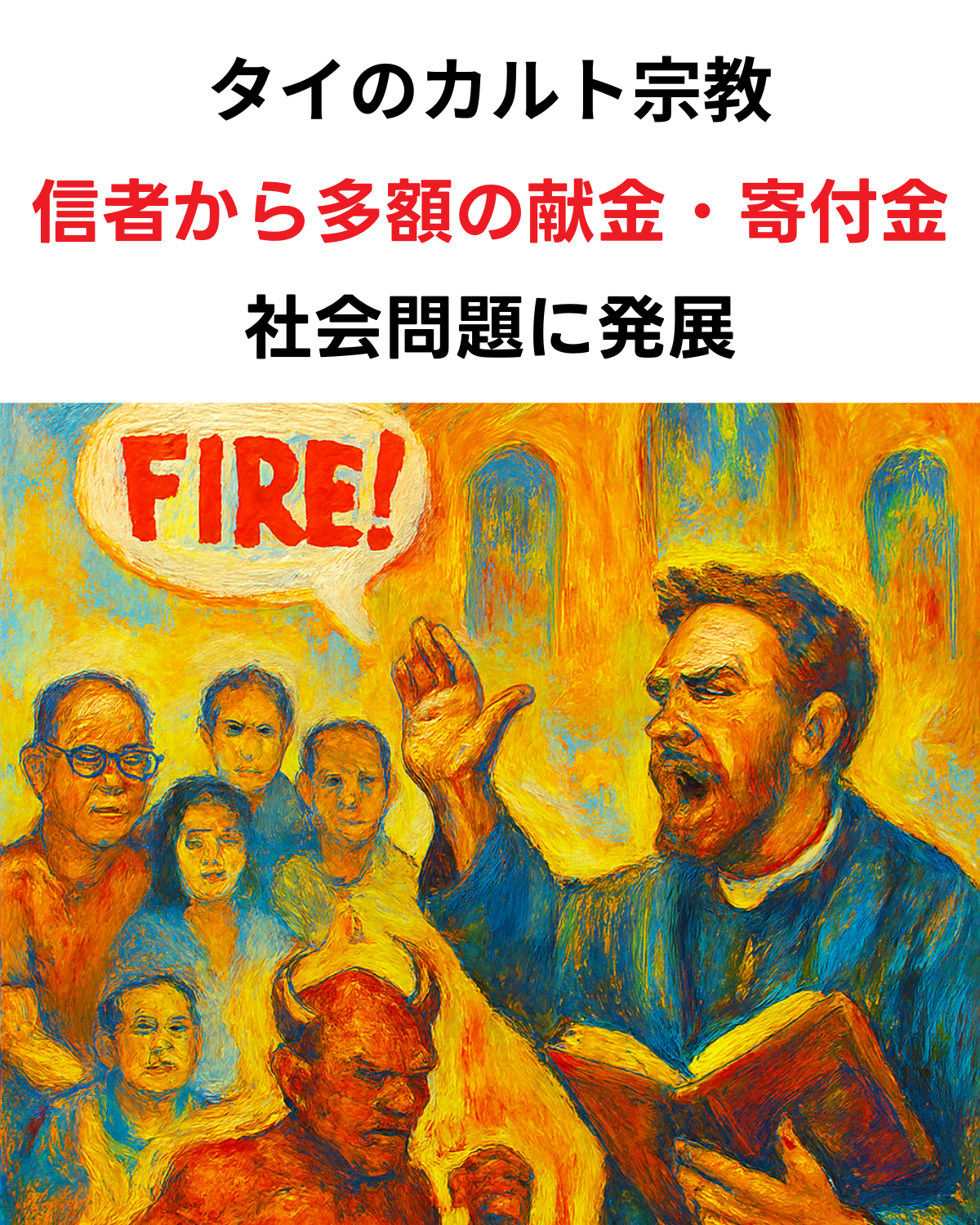 タイのカルト宗教団体に関する報道サムネイル：炎の儀式と献金問題を描いたアートワーク