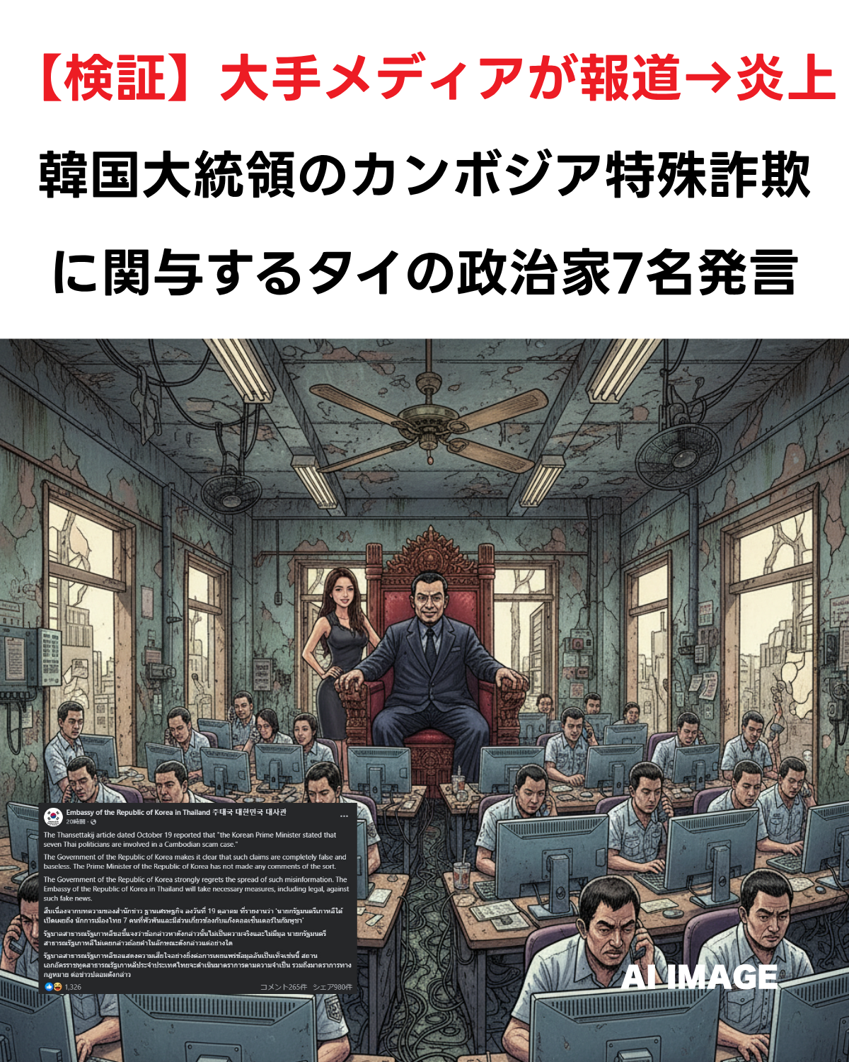 【検証】記事アイキャッチ画像。「SNSで大炎上 韓国首相がカンボジア特殊詐欺に関与する『タイ政治家7名』の噂」というテキスト。背景はニュース速報風のAI生成画像。(AI IMAGE) （代替テキスト）: 在タイ韓国大使館がFacebookで発表した公式声明のスクリーンショット。「韓国首相がタイ政治家7名を名指しした」というThansettakij紙の報道を「完全に虚偽であり事実無根」と否定する内容（英語・タイ語併記）。