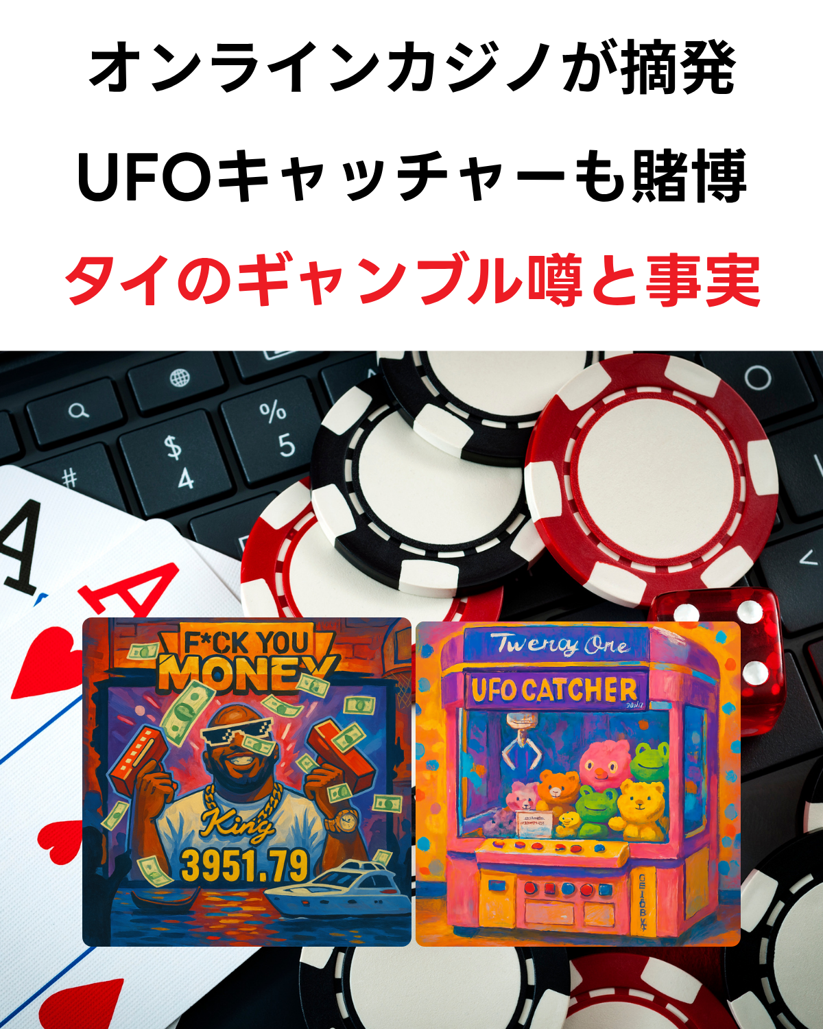 タイのギャンブルの噂と事実をテーマにした画像。「オンラインカジノが摘発 UFOキャッチャーも賭博 タイのギャンブル噂と事実」というテキストと、トランプやカジノチップ、UFOキャッチャーのイラストが描かれている。