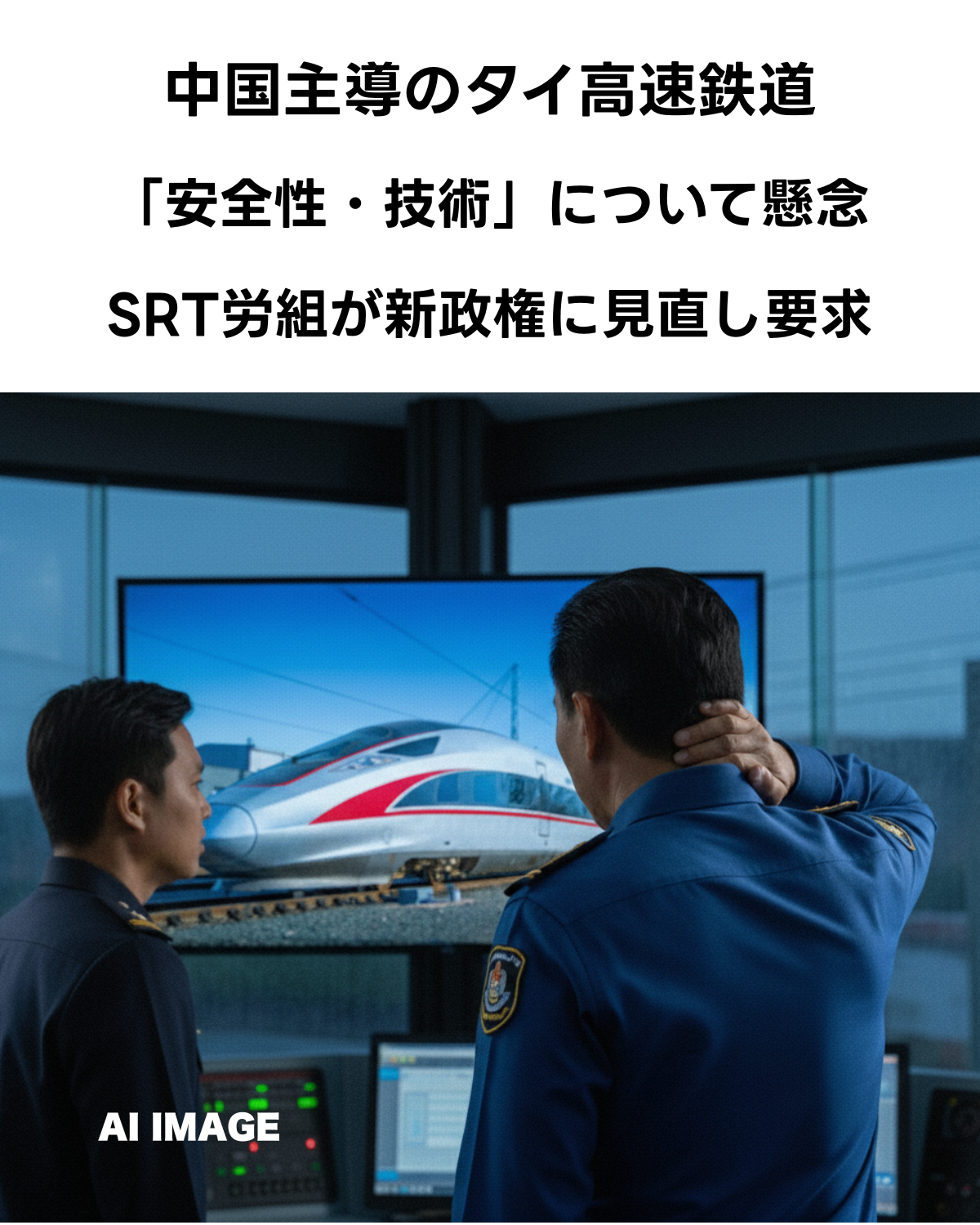 タイ中国高速鉄道に関する記事アイキャッチ画像。「タイ高速鉄道 中国主導に SRT労組が新政権に懸念 『安全性・技術』について見直しを要求」というテキスト。背景は走行する高速鉄道のイメージ。(AI IMAGE)