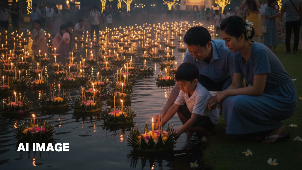 タイのロイクラトン祭りの様子を描いたAI生成イラスト（縦型）。夜、川の水面にろうそくの灯りが灯された美しいクラトン（灯篭）が多数浮かんでいる幻想的な風景。