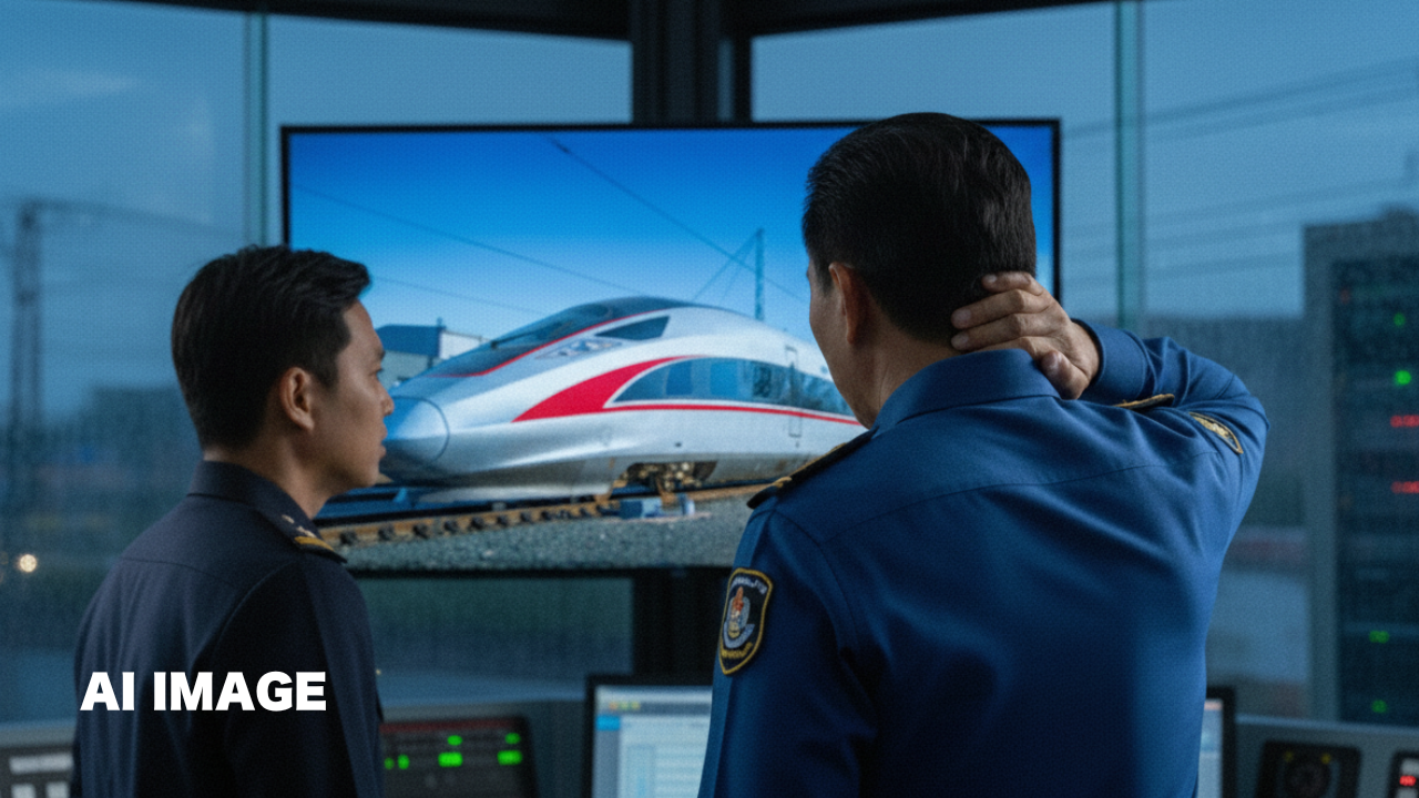 未来的なデザインの高速鉄道車両がタイの風景の中を走行しているAI生成イラスト（縦型）。高架橋の上を走る白い流線型の列車。