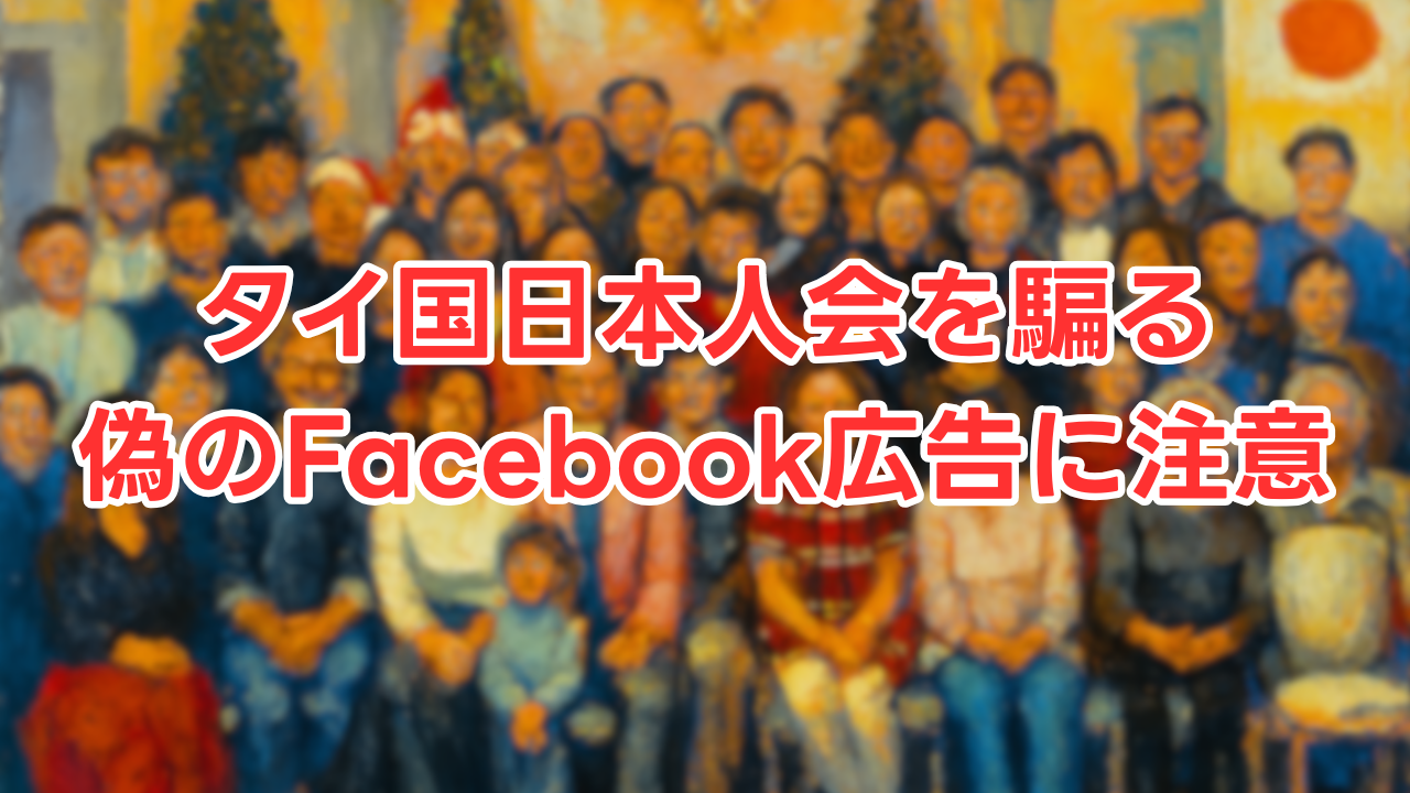 「タイ国日本人会を騙る」「偽のFacebook広告に注意」という警告文と、ぼかされた日本人の集合写真のイメージ画像（横型）。