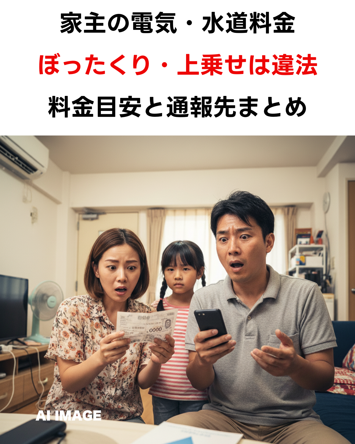 タイの賃貸で電気代・水道代を家主にぼったくられたことに驚く家族。料金目安と通報先をまとめた記事のサムネイル。(AI IMAGE)