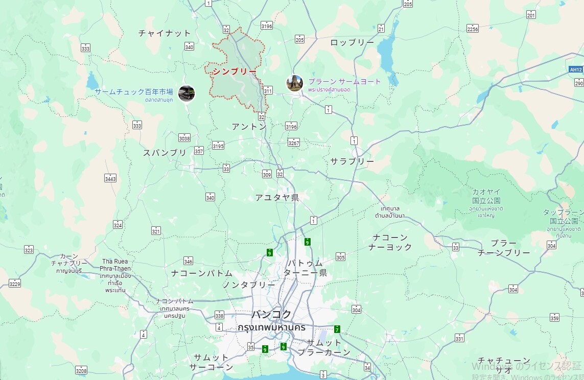 シンブリー県の位置を示す地図バンコクの北方でチャオプラヤ川の上流に位置します。