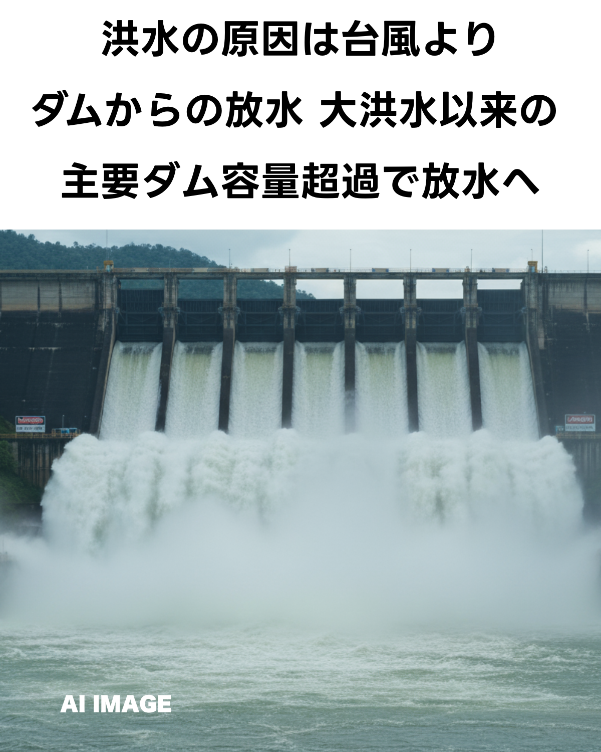 タイのダムが容量超過により激しく放水している様子。「洪水の原因は台風よりダムからの放水 大洪水以来の主要ダム容量超過で放水へ」というタイトルが重ねられている。（AI IMAGE）