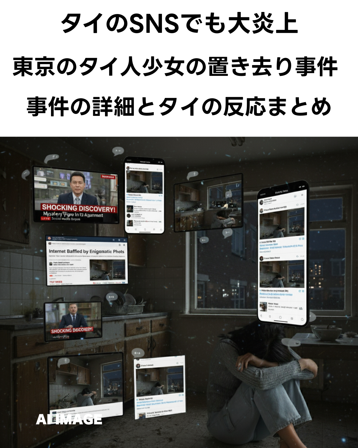 荒廃した部屋の床に座り込み、膝を抱えてうつむく少女の後ろ姿。周囲にはスマートフォンの画面やニュース映像が浮かび、SNSでの炎上や事件報道を暗示している。母に置き去りにされた少女の悲しみを描写するイメージ画像。