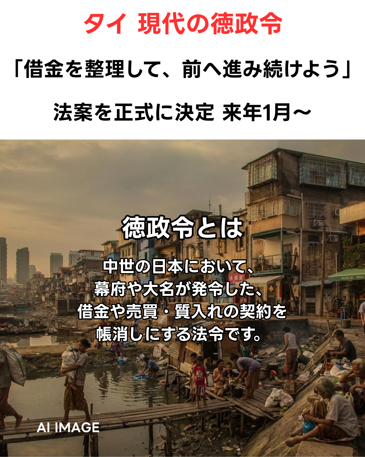 タイの貧困地域の運河沿いで生活する人々の風景を背景に、赤字で「タイ 現代の徳政令」、白字で「「借金を整理して、前へ進み続けよう」」「法案を正式に決定 来年1月〜」と書かれたサムネイル画像。背景はAI生成イメージ。