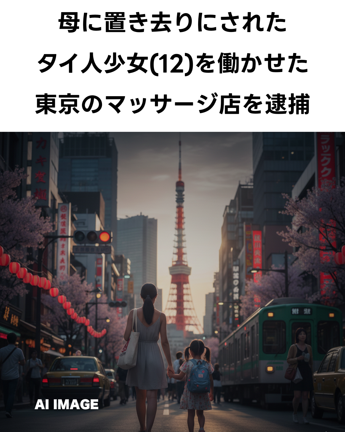 AIが生成した、東京タワーと桜並木が見える東京の街並みを、母親と手をつないだ幼い少女が歩いている後ろ姿の画像に、「母に置き去りにされた タイ人少女(12)を働かせた 東京のマッサージ店を逮捕」というテキストが重ねられている。