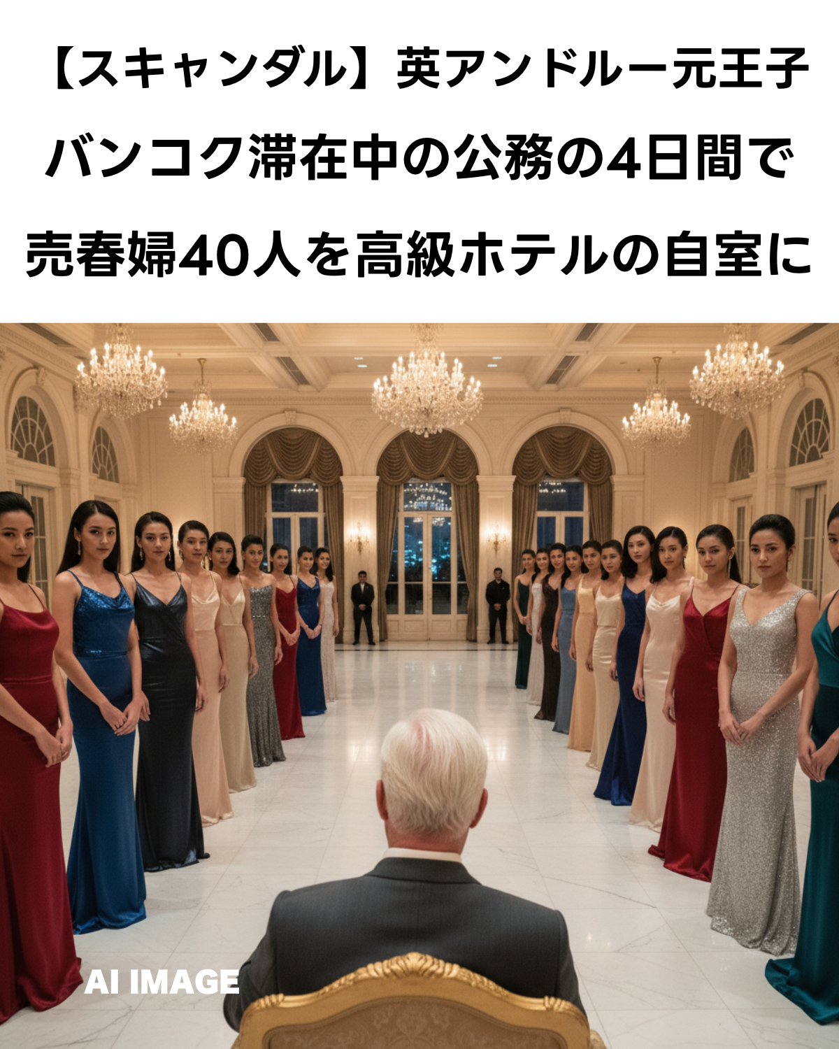 AIが生成した英アンドルー元王子のスキャンダルに関する縦長の画像。「タイ高級ホテルで売春婦40人斡旋疑惑」という見出しと共に、アンドルー元王子を彷彿とさせる男性、タイの宮殿風の建物、複数の女性のシルエットが描かれている。