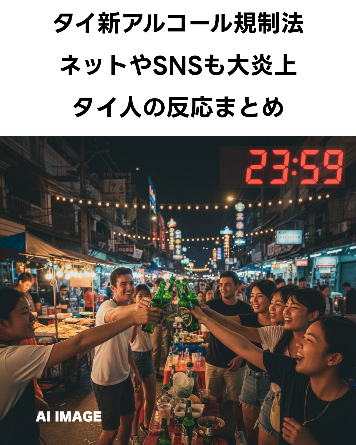 タイの夜市で、人々がビール瓶を掲げて乾杯し、楽しそうに笑っている賑やかな様子。上空には提灯や電飾が輝き、屋台の食べ物が並んでいる。タイ新アルコール規制法にSNSでコメントが大炎上 タイ人の反応まとめを描写するイメージ(AIIMAGE)