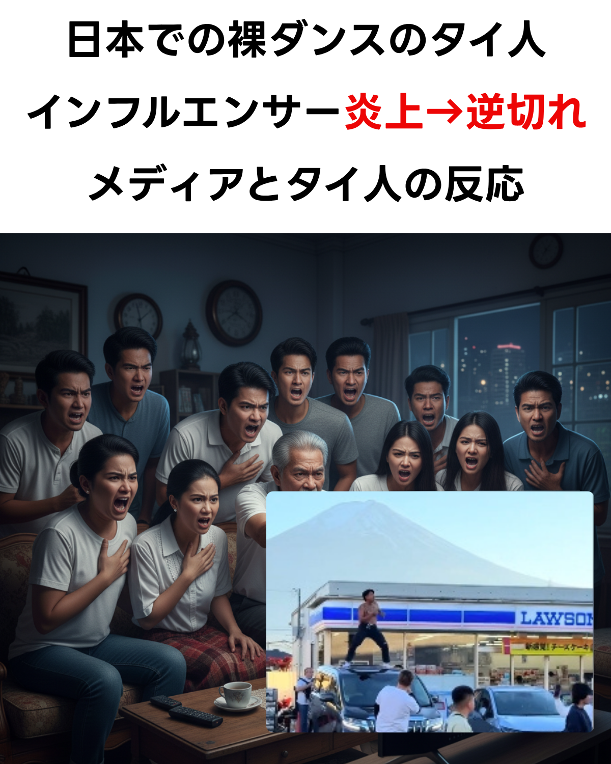 タイ人インフルエンサーの日本での「裸ダンス」騒動を伝える縦長サムネイル。ニュースを見たタイ人家族や若者たちが、画面に向かって激怒している様子。「炎上→逆切れ」「メディアとタイ人の反応」という見出しが表示されている。