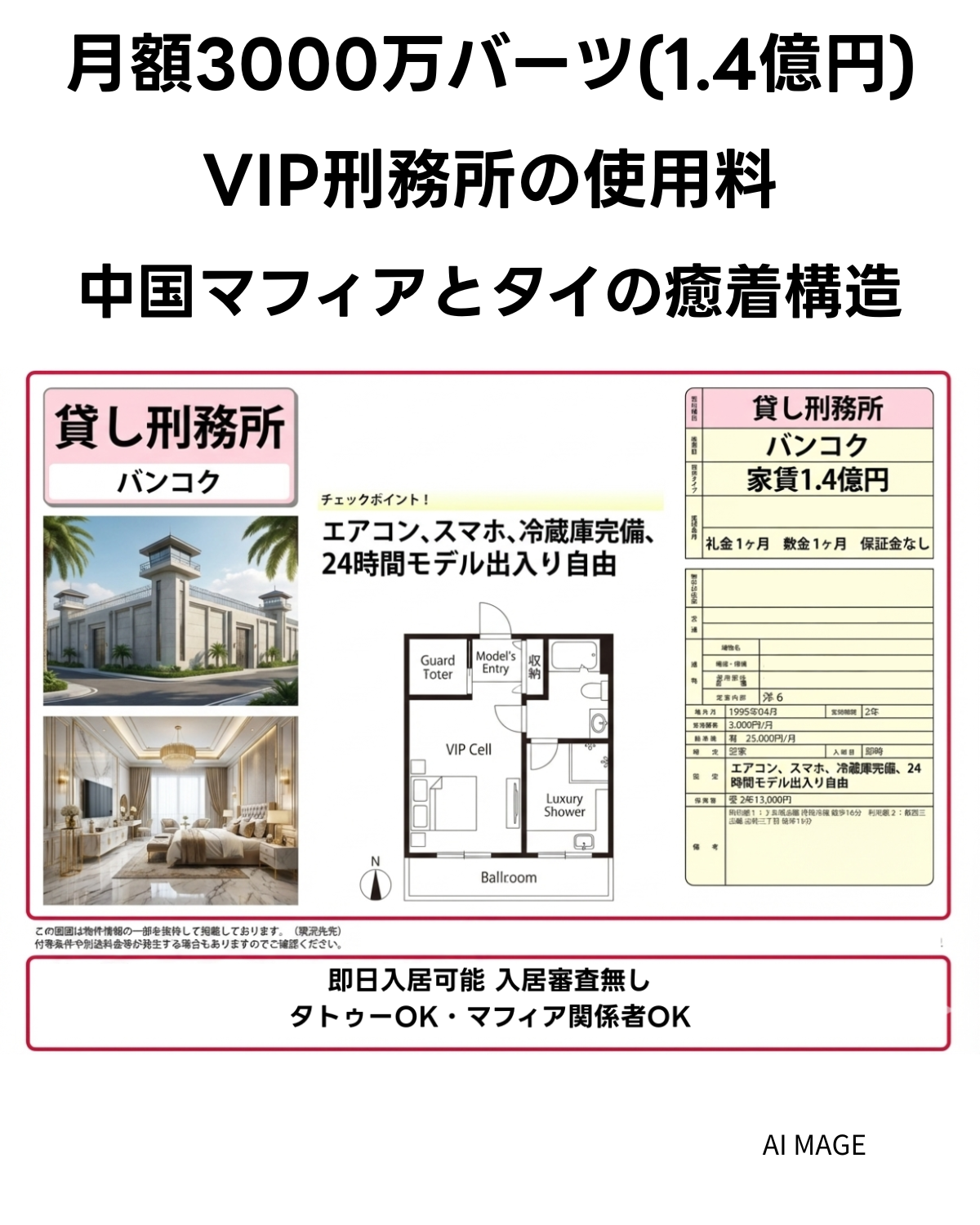 タイのVIP刑務所汚職スキャンダルを報じるサムネイル画像。「月額3000万バーツ(1.4億円) VIP刑務所の使用料 中国マフィアとタイの癒着構造」という大きな文字と、「貸し刑務所バンコク」と題された豪華な間取り図（エアコン、モデル出入り自由などと記載）が描かれている。AI生成イメージ。