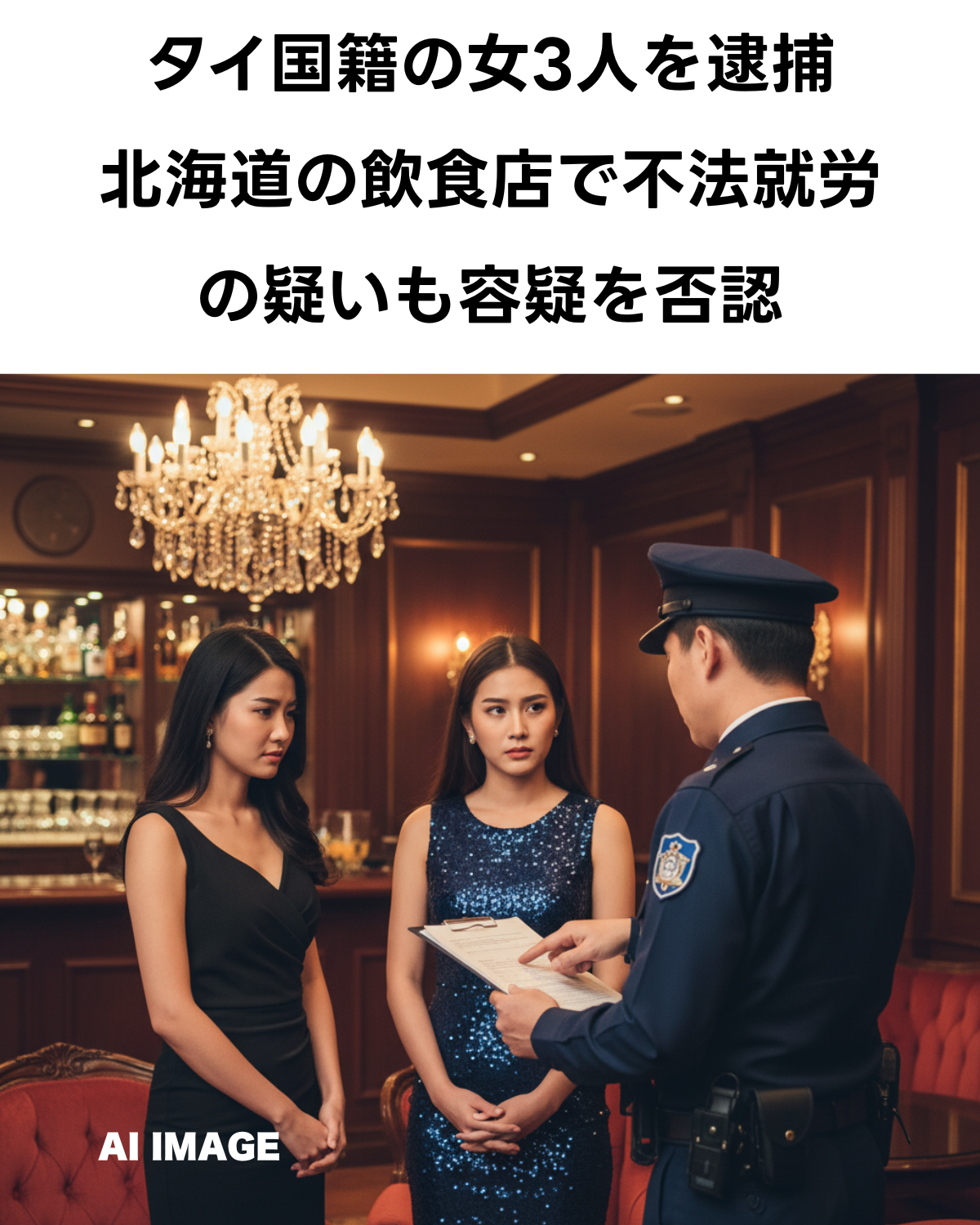 北海道の飲食店で不法就労の疑いで警察官から書類を提示され、困惑した表情を浮かべるタイ国籍の女性たち。記事タイトル「タイ国籍の女3人を逮捕 北海道の飲食店で不法就労の疑いも容疑を否認」が表示されている(AI Image)