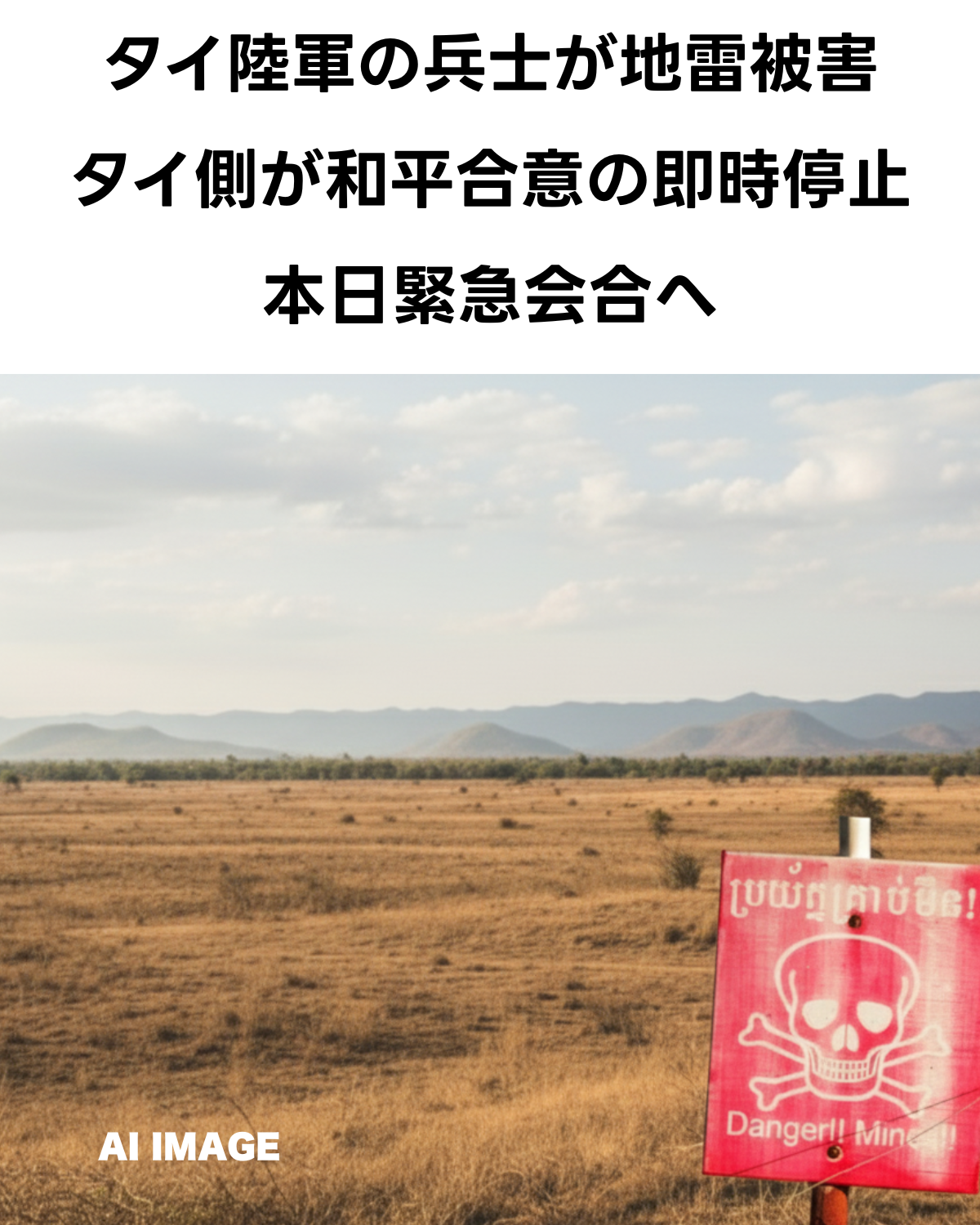 タイ・カンボジア国境付近とみられる枯れた草原に「地雷に注意」の看板が立つ。上部には「タイ陸軍の兵士が地雷被害 タイ側が和平合意の即時停止 本日緊急会合へ」という記事タイトルが重ねられている。(AI IMAGE)