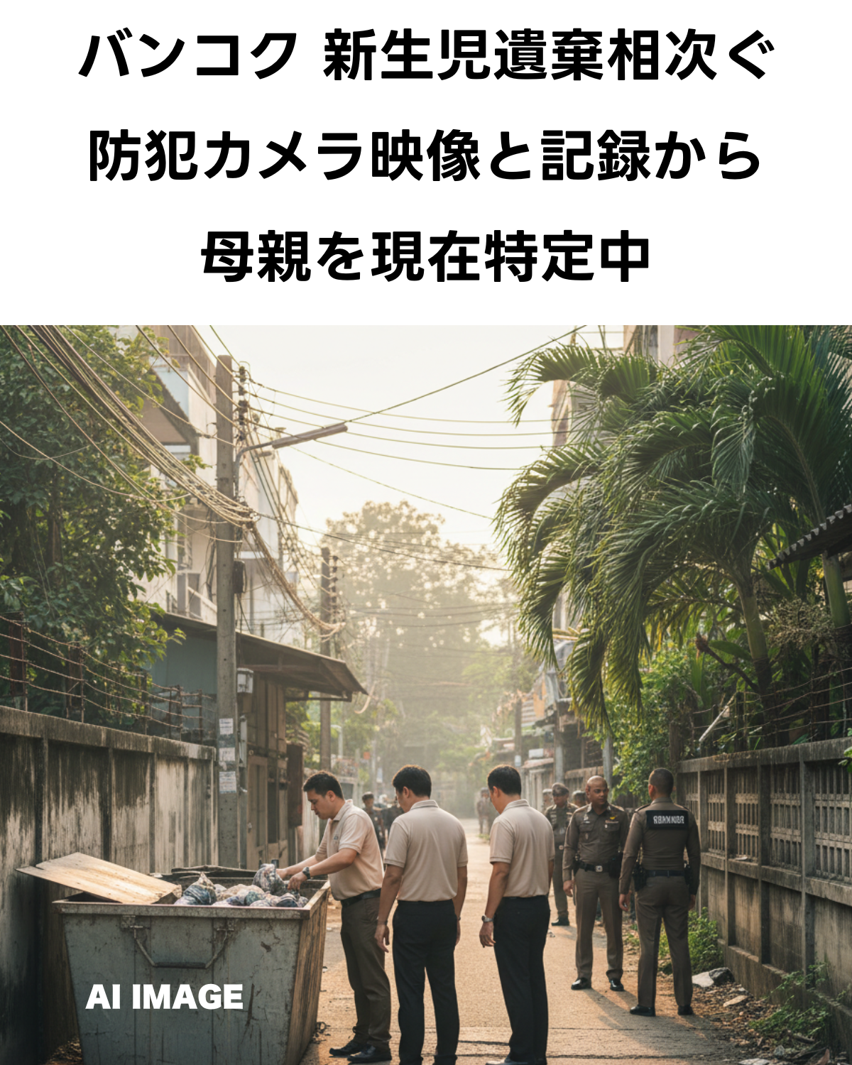 バンコク都内で新生児遺棄相次ぐ 防犯カメラ映像と記録から母親を特定中暗い路地に置かれたゴミ箱と調査員と警官が描写されています(AIIMAGE)