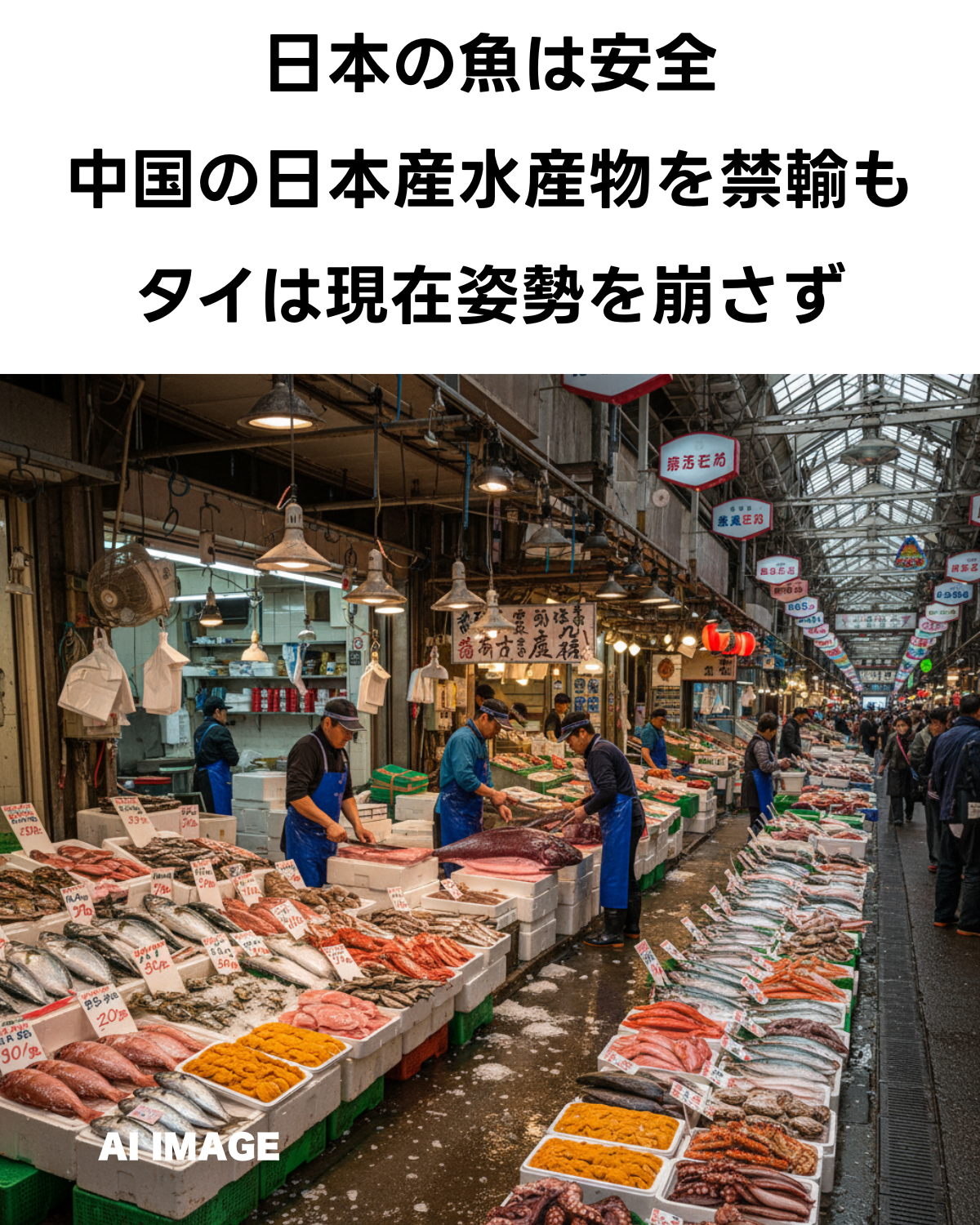 日本の魚は安全 中国の日本産水産物を禁輸もタイは現在姿勢を崩さず」という記事タイトルが書かれた築地市場のような活気ある魚市場のサムネイル画像。