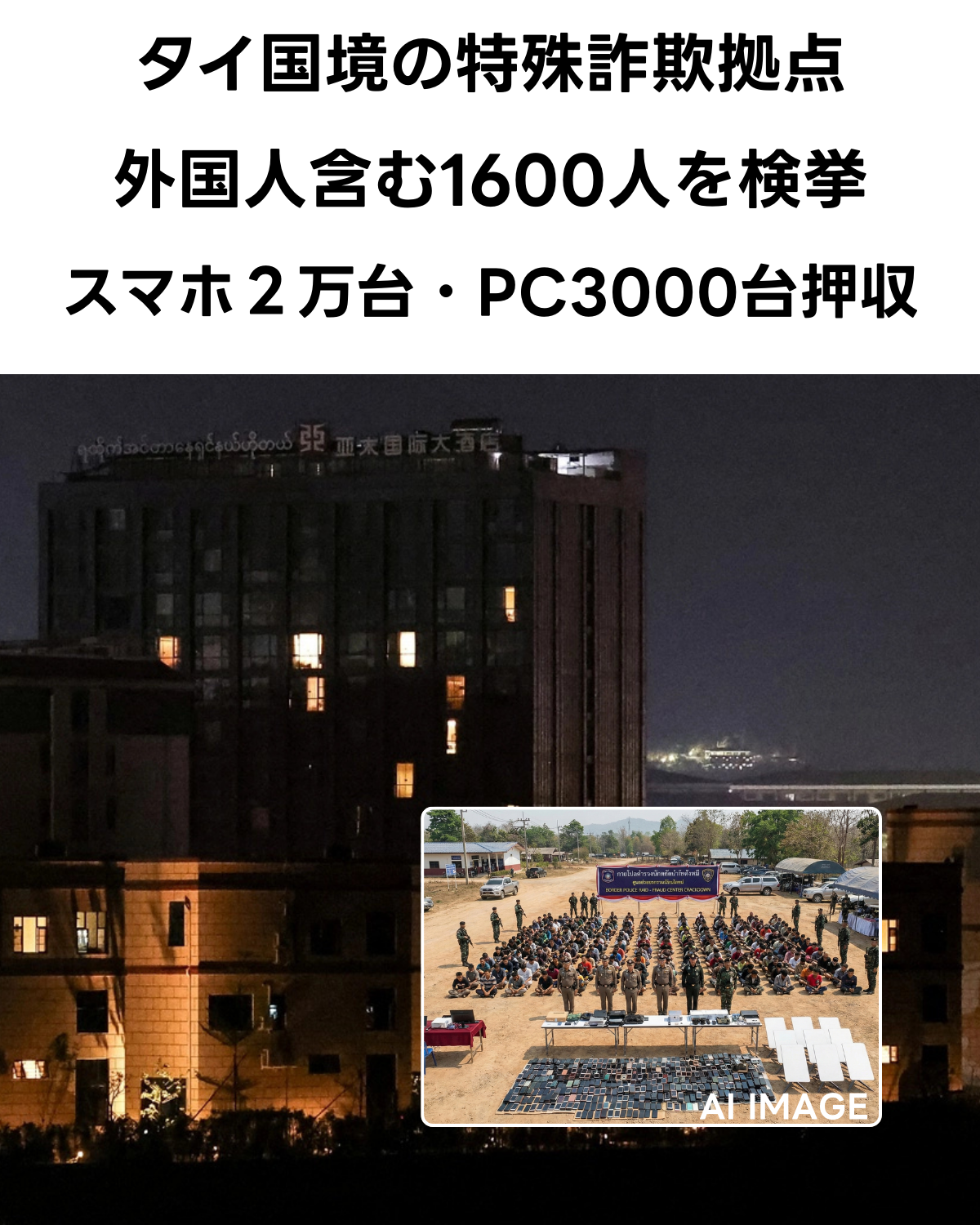 ミャンマー国境タイ対岸の「シュエコッコ」にある巨大なカジノホテルの夜景と、その前で座らされる数百人の逮捕者、並べられた大量の押収スマートフォンとPCの合成画像。記事「タイ国境 巨大詐欺拠点で1,600人を一斉検挙」のサムネイル（AI生成イメージ）。