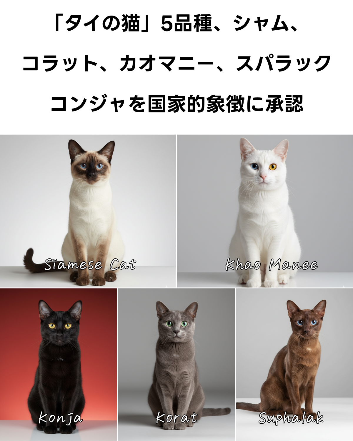 タイの国定シンボルに承認された5品種の猫（シャム、コラット、カオマニー、スパラック、コンジャ）が写るサムネイル画像。「「タイの猫」5品種を国家的象徴に承認」というタイトルが表示されている。