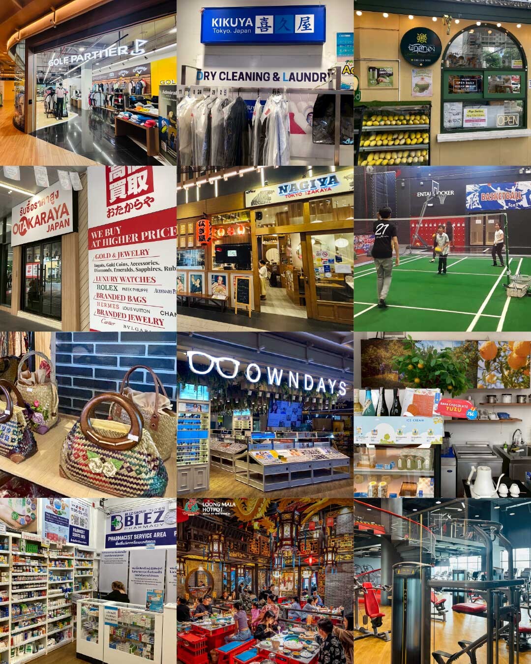 タイバンコクの観光名所 トンローエリアのドンキモールトンローのお店ガイド。お店のラインアップを紹介するコラージュ画像