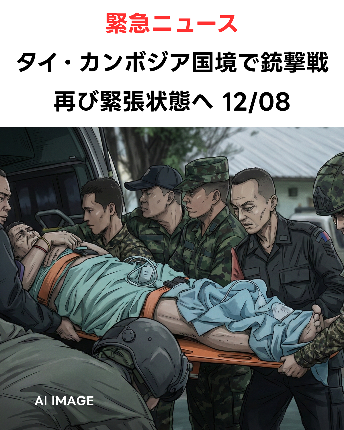 負傷した兵士を担架で搬送する迷彩服姿の兵士たちを描いたAI生成画像。左下にタイ国旗、中央にカンボジア国旗が配置され、「緊急ニュース タイ・カンボジア国境で銃撃戦 再び緊張状態へ 12/08」という文字が入っている。