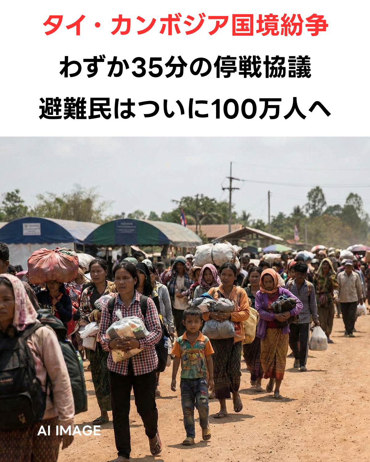 タイ・カンボジア国境付近で荷物を持って歩く避難民の列の写真に、赤と黒の文字で「タイ・カンボジア国境紛争 わずか35分の停戦協議 避難民はついに100万人へ」と書かれたアイキャッチ画像。左下にAI IMAGEのロゴあり。
